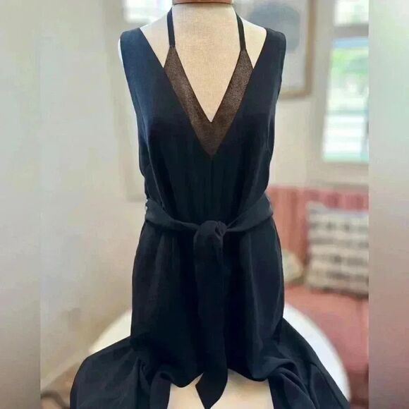 123 Paris bod conscious jumpsuit with bronze inlay. Side pockets, deep V back. - Picture 1 of 9